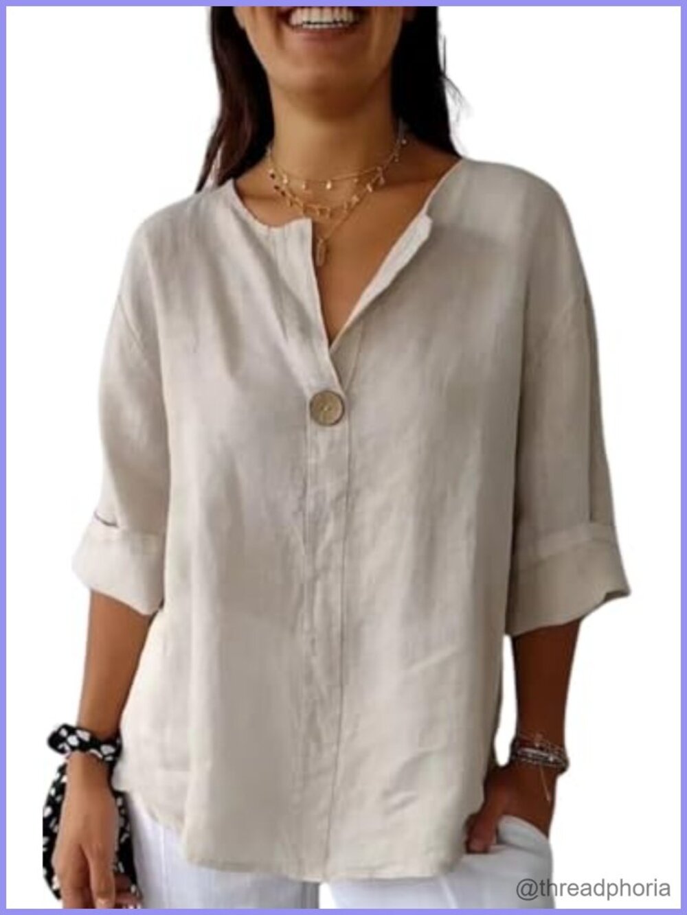 Women's Cotton Linen V-Neck 3/4 Roll-Up Sleeve Blouse Tunic Top Button